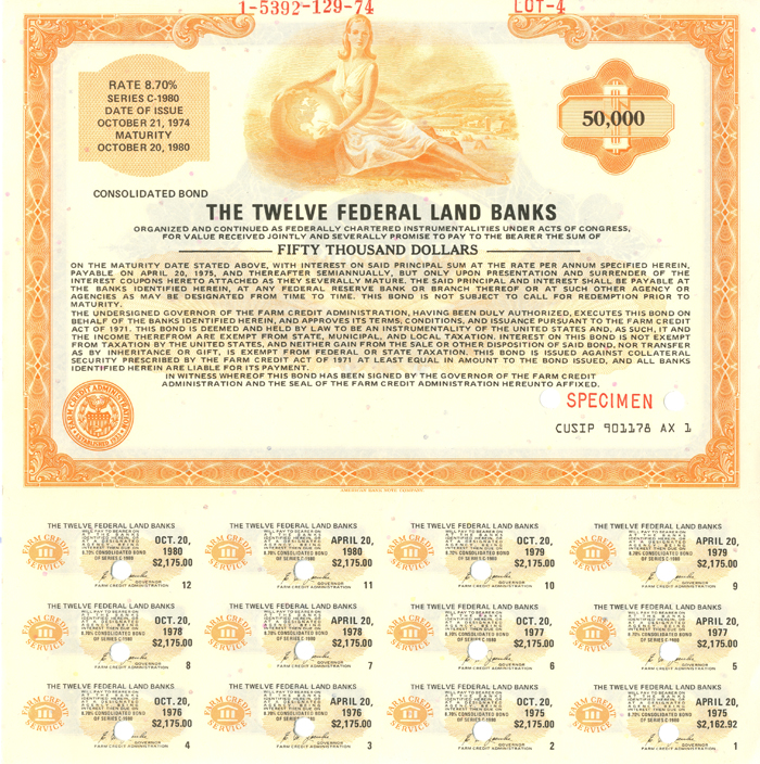 Twelve Federal Land Banks - 1974 dated $50,000 Specimen Bond